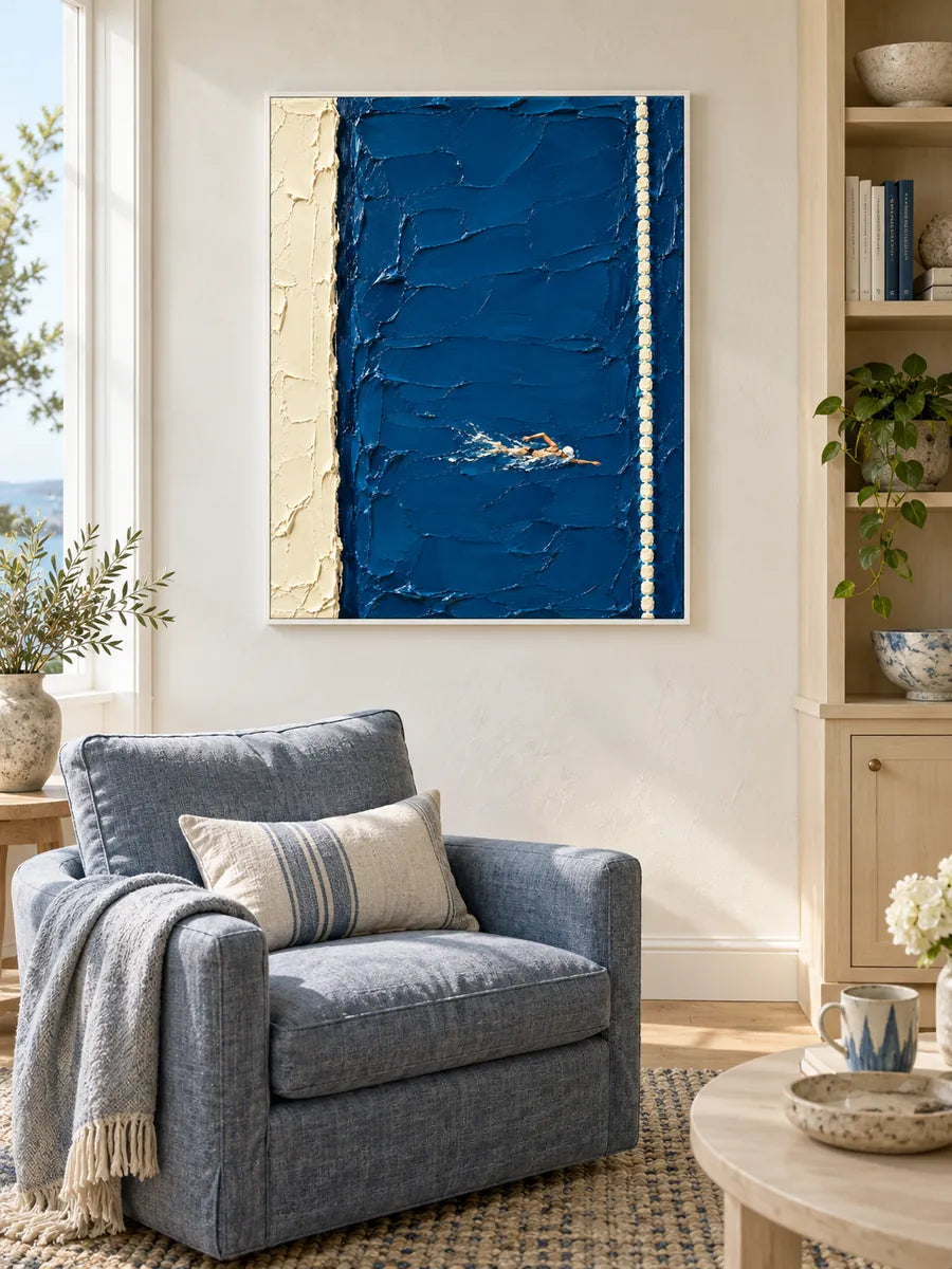 Hand-Painted Swimming Art With Heavy Impasto Texture On Blue Canvas