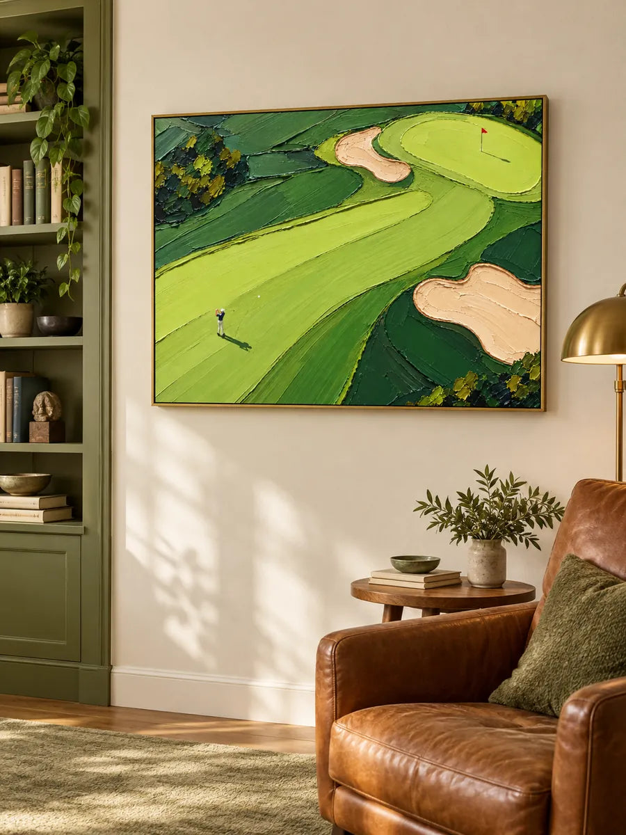 Hand-Painted Golf Course Landscape Canvas Art With Impasto Green Fairways