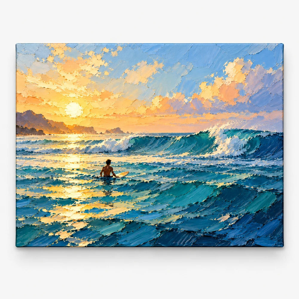Surfer At Sunset Hand-Painted Canvas Wall Art With Ocean Waves