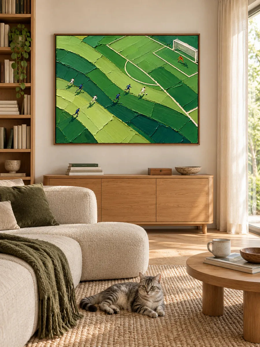 Hand-Painted Football Match Canvas Art With Bold Impasto Texture In Green