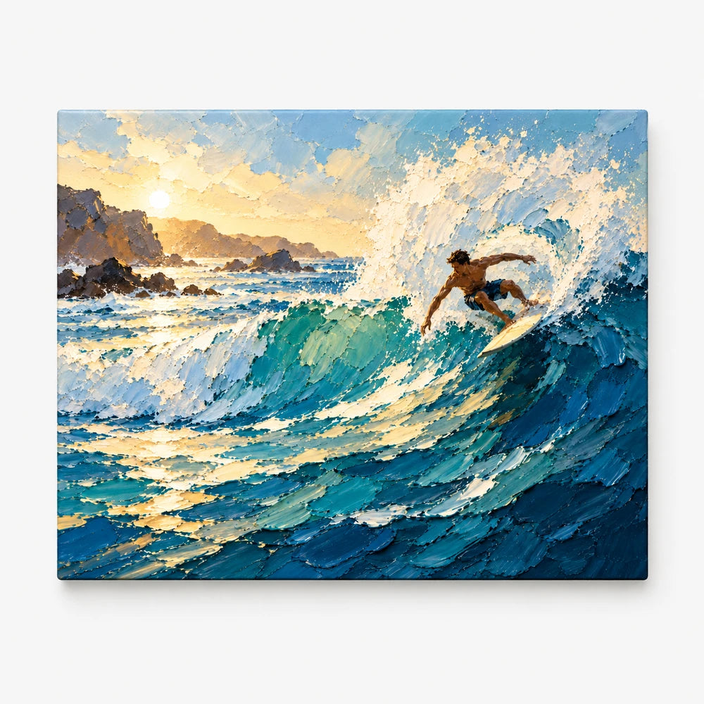 Surfer On Wave Hand-Painted Canvas Art In Blue And Gold
