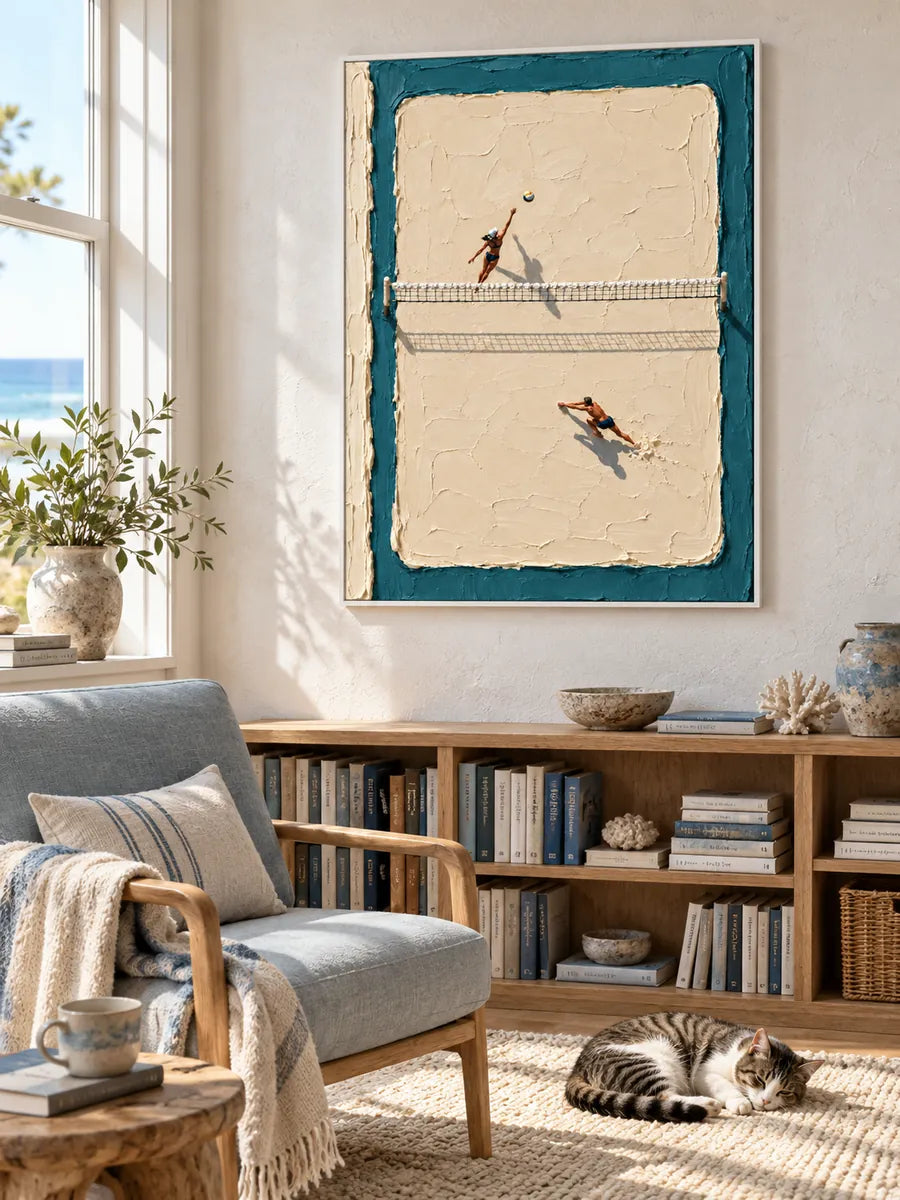 Hand-Painted Beach Volleyball Canvas Art With Thick Impasto肌理 In Blue And Beige