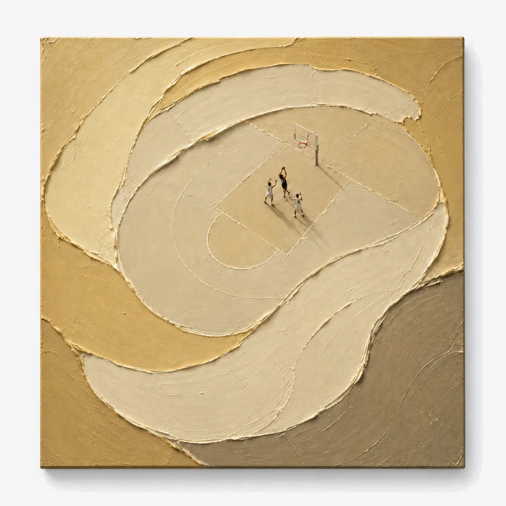 Basketball Themed Textured Canvas Painting In Beige And Gold Tones For Modern Sports Decor