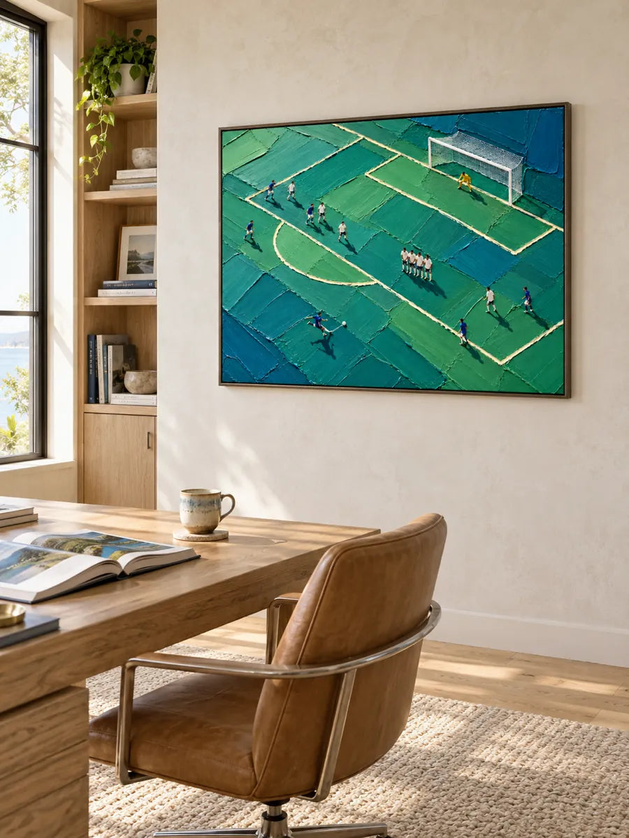 Hand-Painted Soccer Field Impasto Canvas Art With Green And Blue Tones