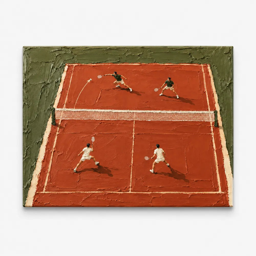 Modern Impasto Sports Painting Of Doubles Match On Clay Court