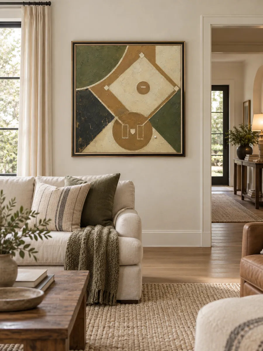 Baseball Diamond Geometric Canvas Painting Hand-Painted Wall Art In Earth Tones