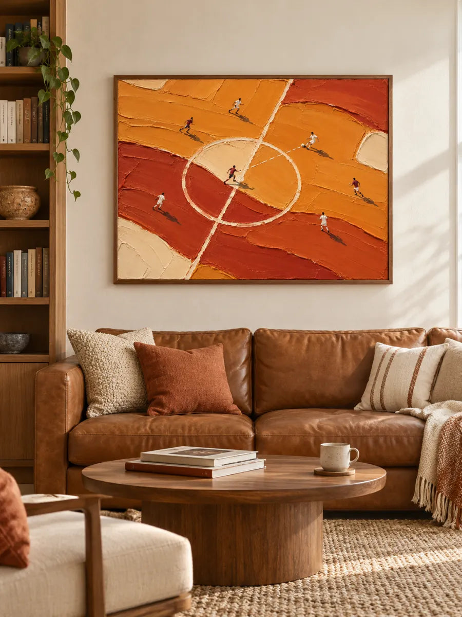 Hand-Painted Soccer Field Canvas Art With Thick Impasto Texture In Orange Tones