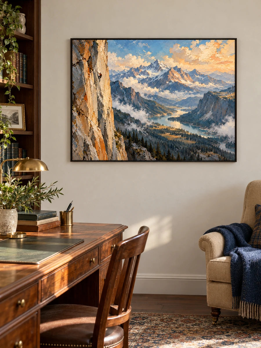 Impressionist Mountain Climbing Canvas Painting With Dramatic Cliff View