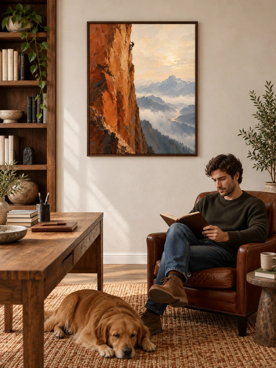 Hand-Painted Rock Climbing Canvas Art With Misty Mountains