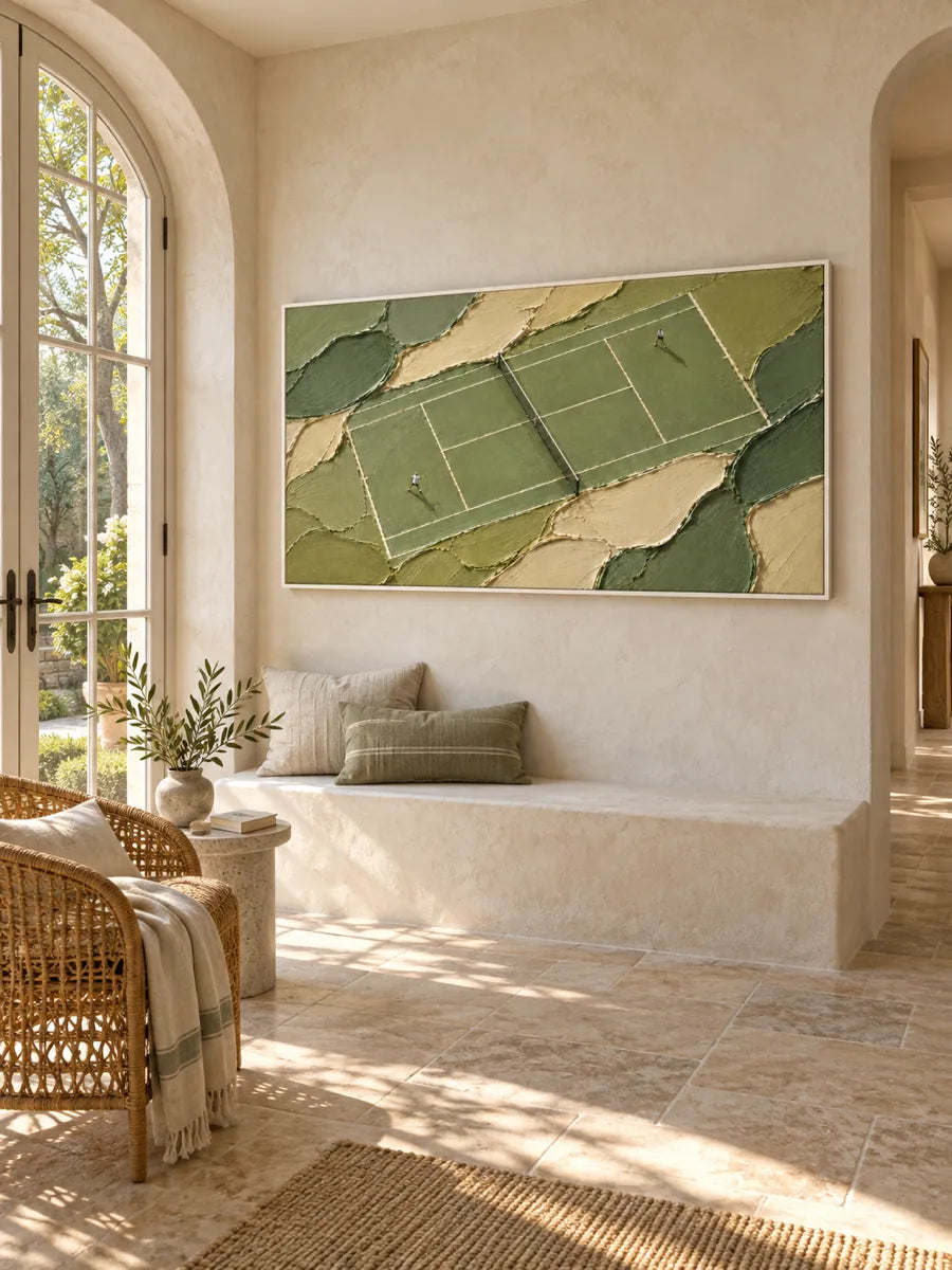 Tennis Match Canvas Painting With Miniature Figures In Green And Beige
