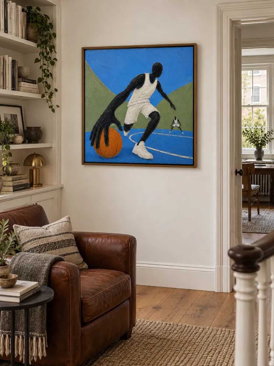 Abstract Basketball Player Canvas Painting With Giant Hand In Blue And Orange