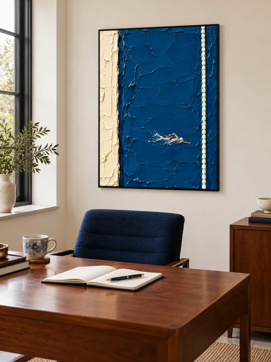 Hand-Painted Swimming Art With Heavy Impasto Texture On Blue Canvas