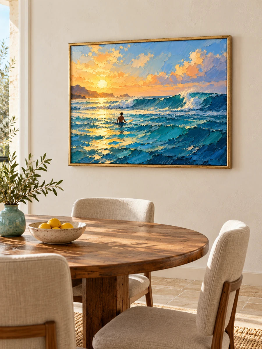 Surfer At Sunset Hand-Painted Canvas Wall Art With Ocean Waves