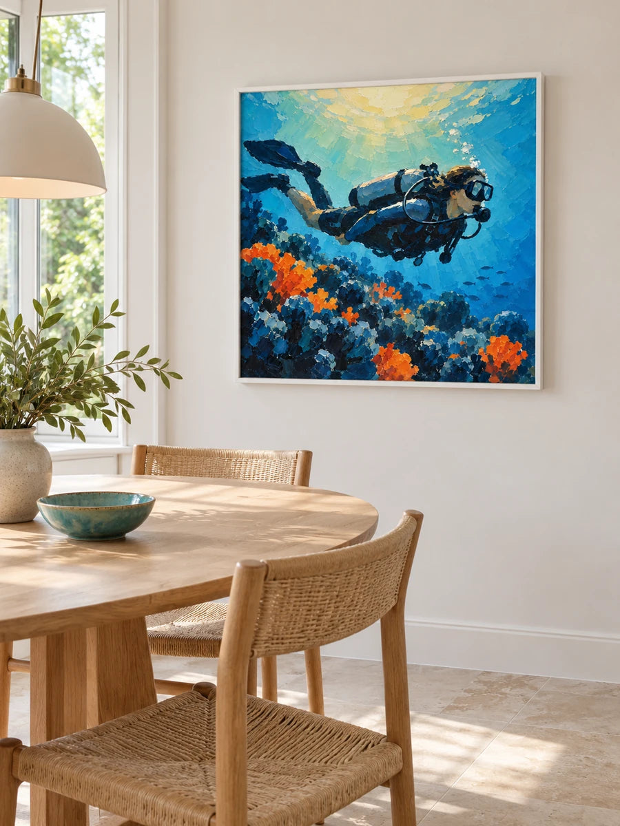 Impressionist Scuba Diver Canvas Painting With Coral Reef In Blue And Orange