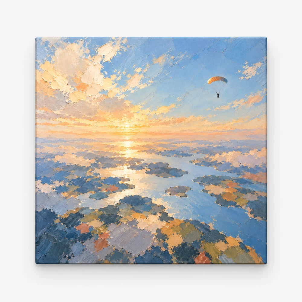 Hand-Painted Paragliding Canvas Art With Sunset Sky
