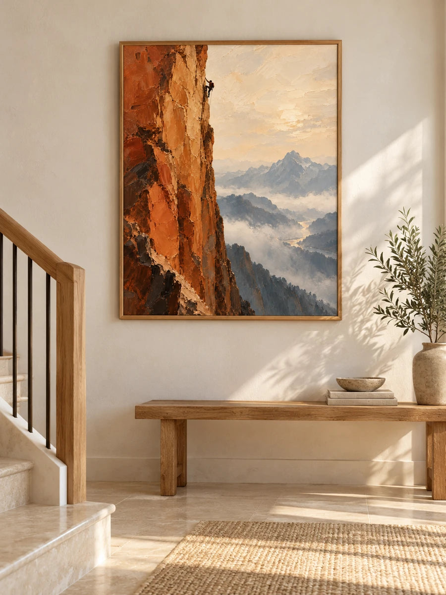 Hand-Painted Rock Climbing Canvas Art With Misty Mountains