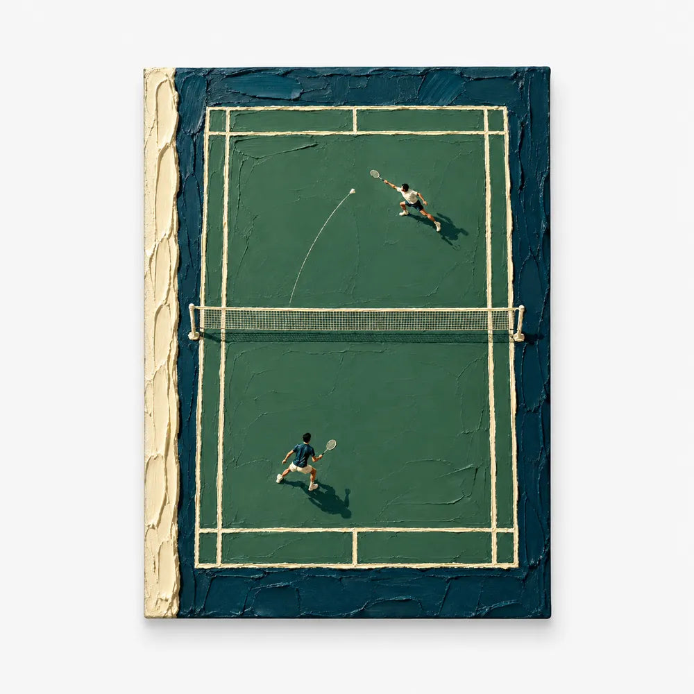 Badminton Match Impasto Canvas Painting With Green Court And Textured Strokes