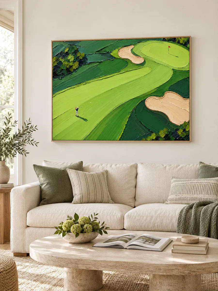 Hand-Painted Golf Course Landscape Canvas Art With Impasto Green Fairways