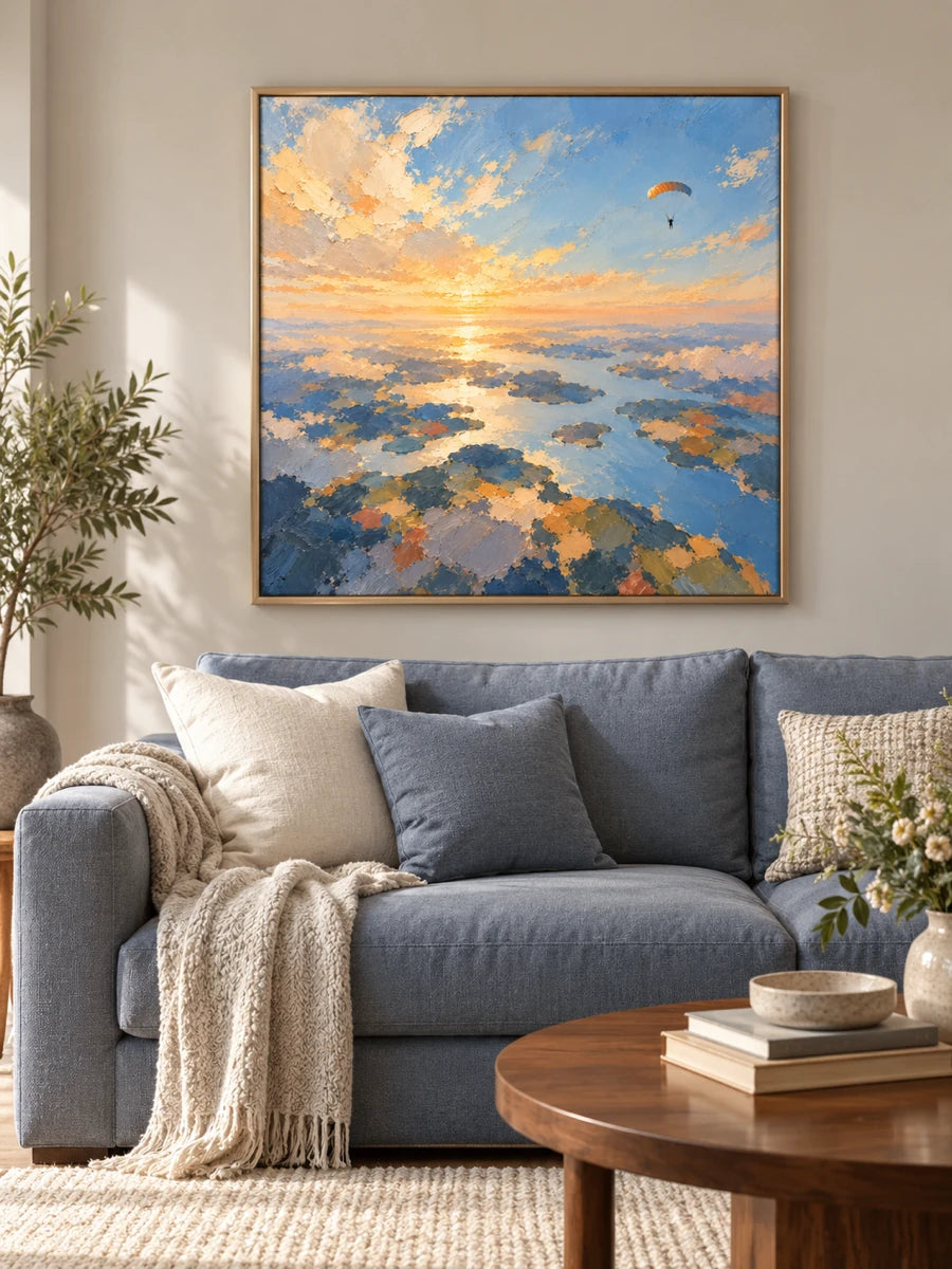 Hand-Painted Paragliding Canvas Art With Sunset Sky