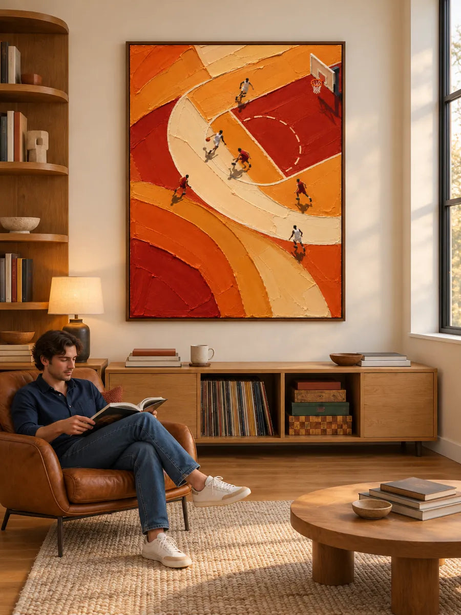 Hand-Painted Basketball Court Art With Bold Orange Impasto Texture