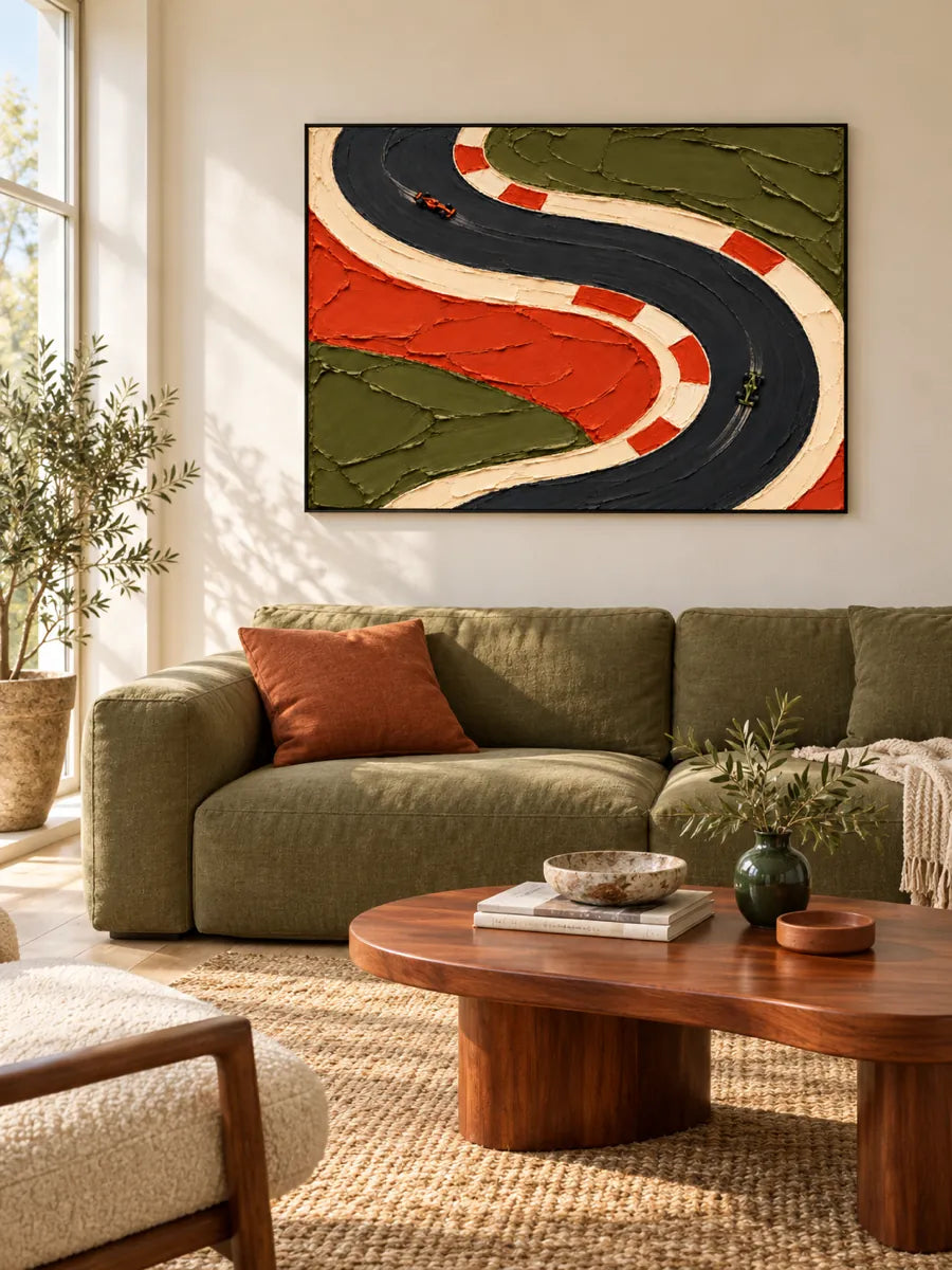 F1 Racing Track Impasto Canvas Painting With Orange And Green