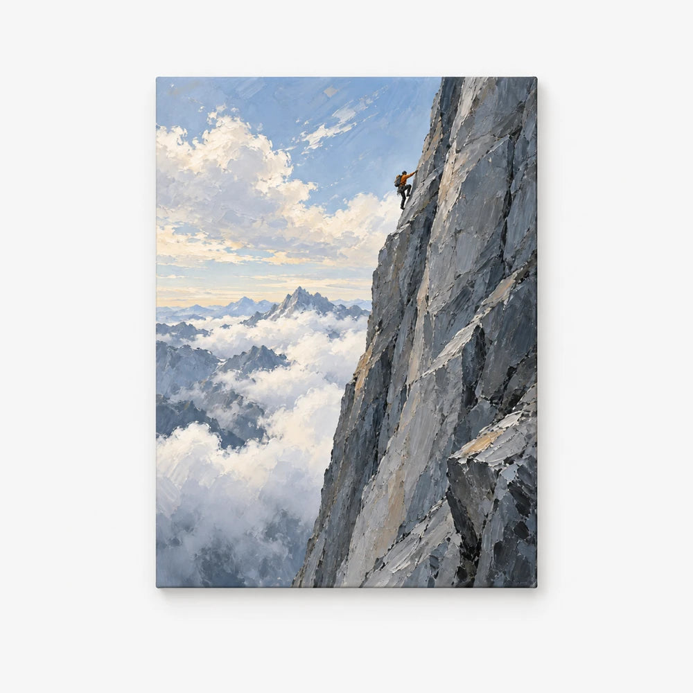 Hand-Painted Rock Climbing Canvas Art With Clouds And Mountains