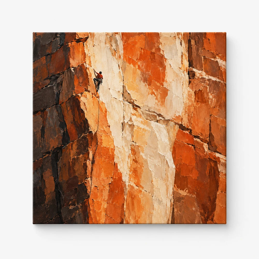 Impressionist Rock Climbing Canvas Painting With Orange Cliff