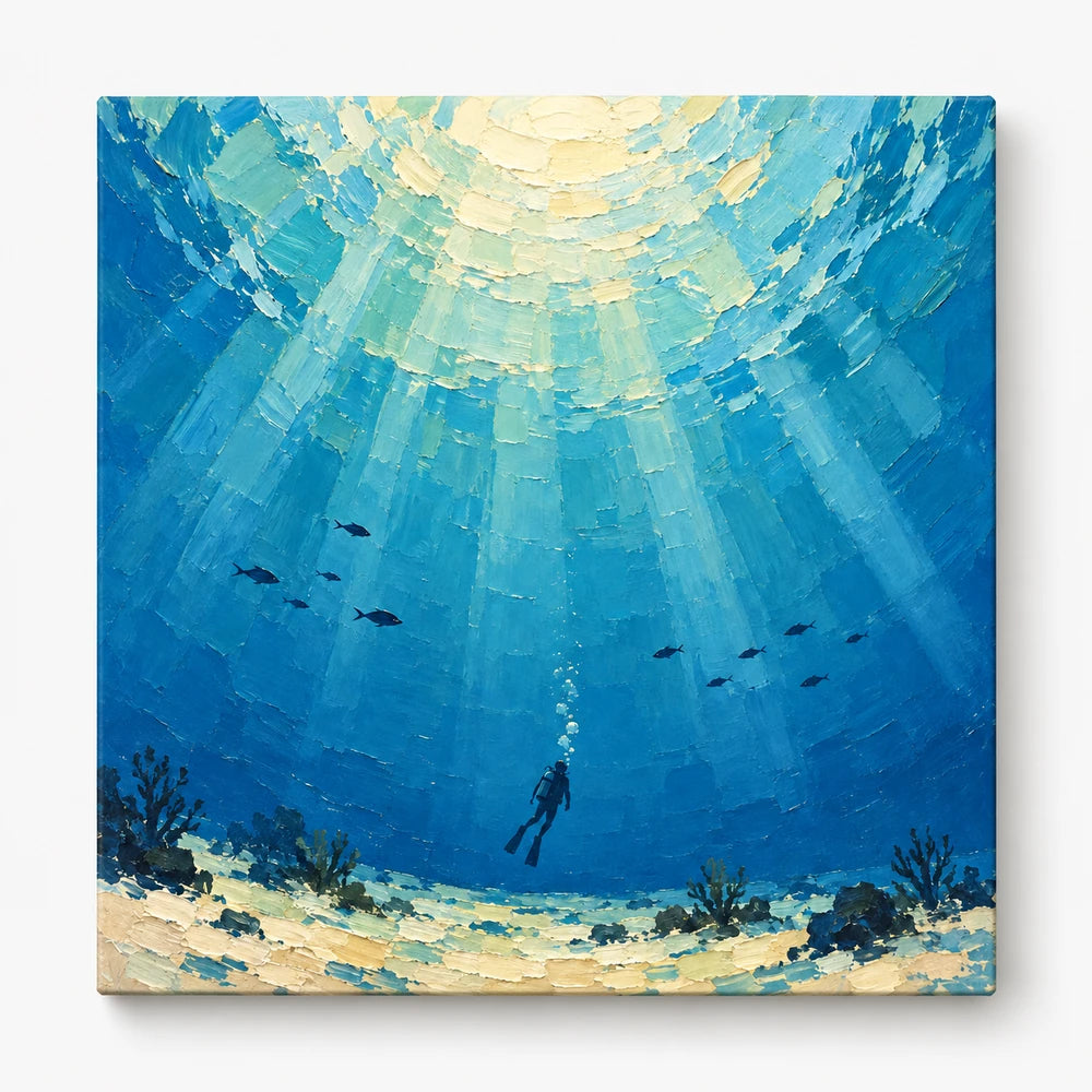 Hand-Painted Scuba Diver Canvas Art With Sunlit Ocean Waves