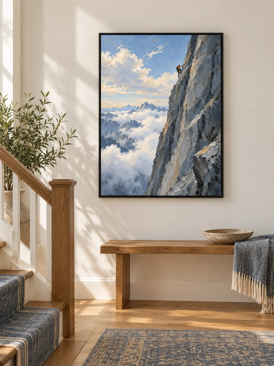 Hand-Painted Rock Climbing Canvas Art With Clouds And Mountains