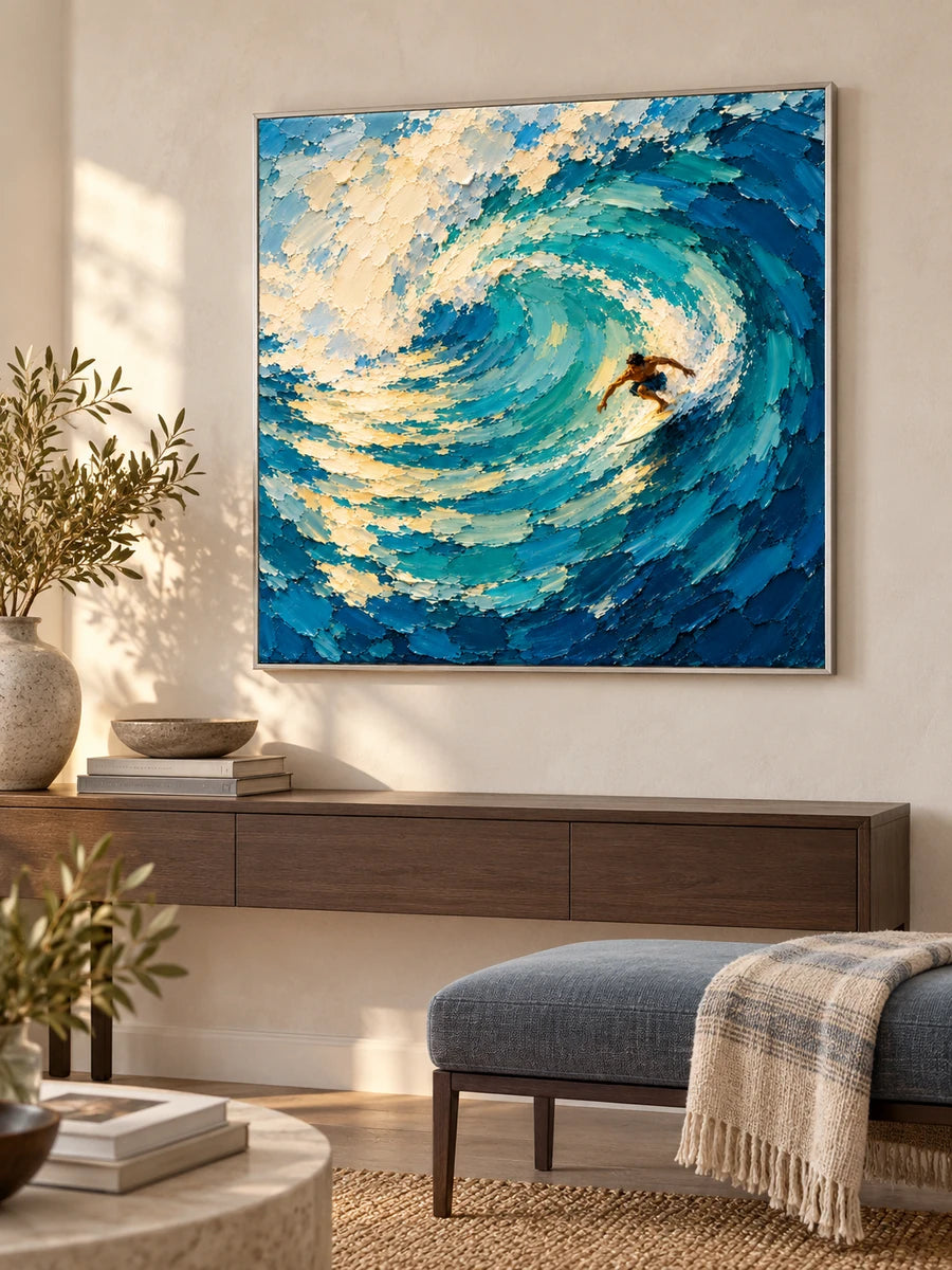 Surfer In Wave Canvas Painting Hand-Painted Blue And Gold Ocean Art