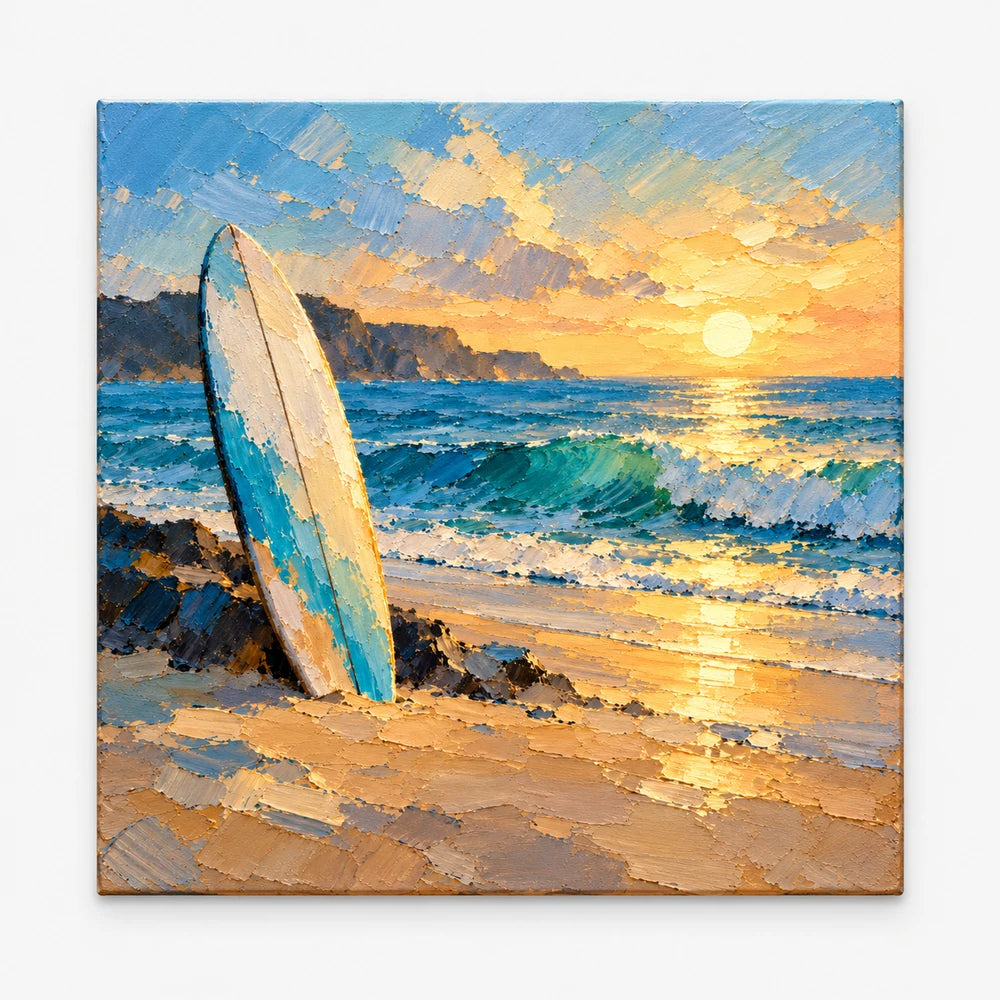 Surfboard At Sunset Impressionist Beach Canvas Painting