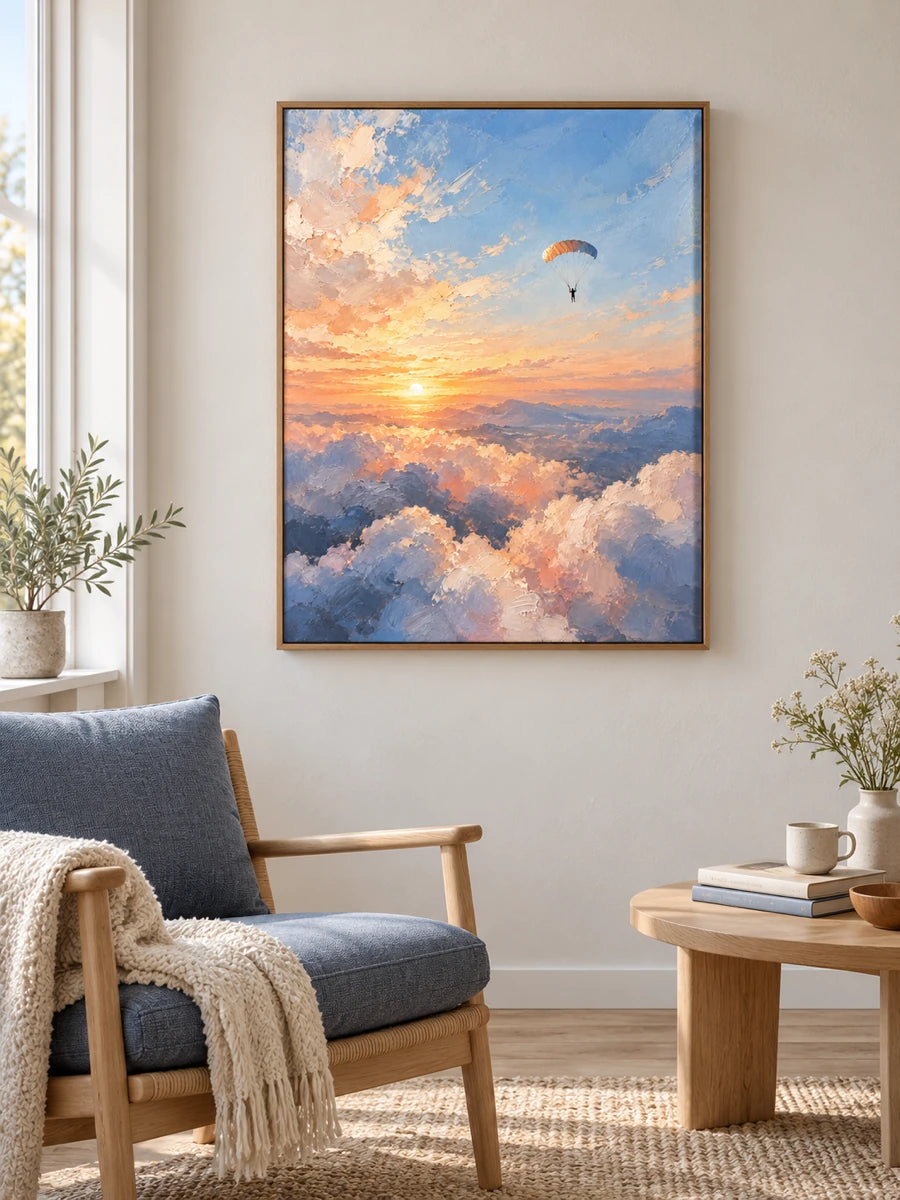 Impressionist Parachuting Canvas Painting With Sunset Sky