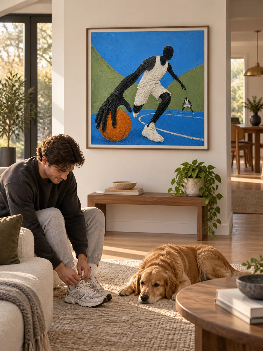 Abstract Basketball Player Canvas Painting With Giant Hand In Blue And Orange