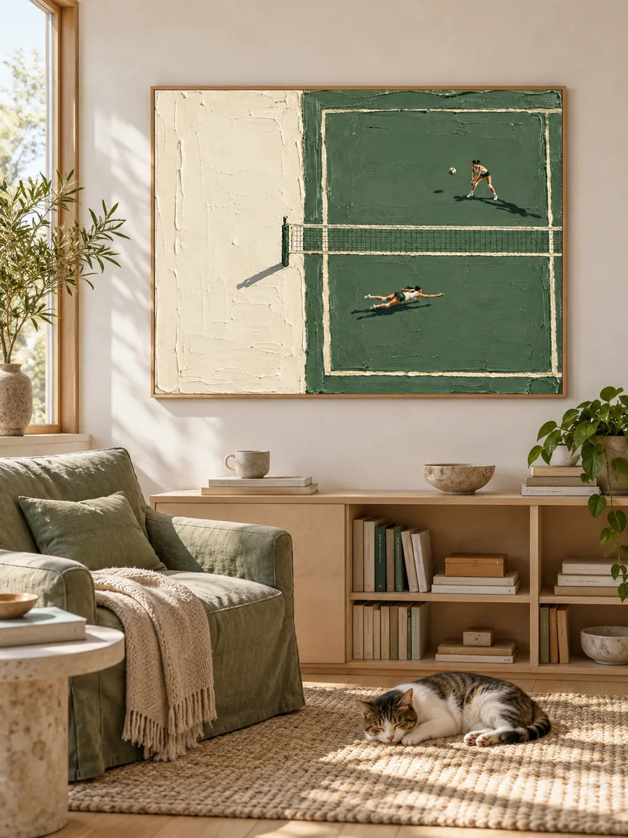 Hand-Painted Sports Art Impasto Green Court Canvas Painting