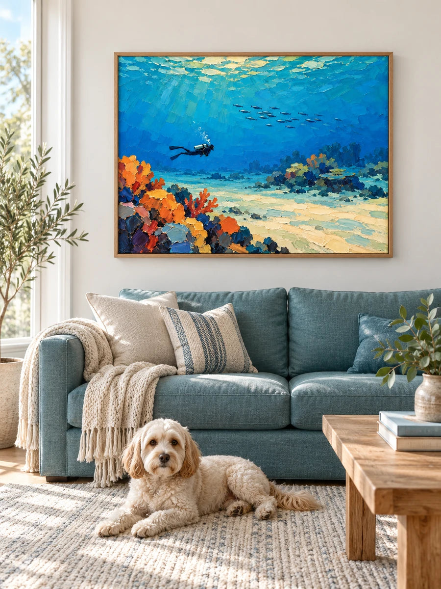 Hand-Painted Scuba Diver Canvas Art With Coral Reef And Fish School In Blue Ocean