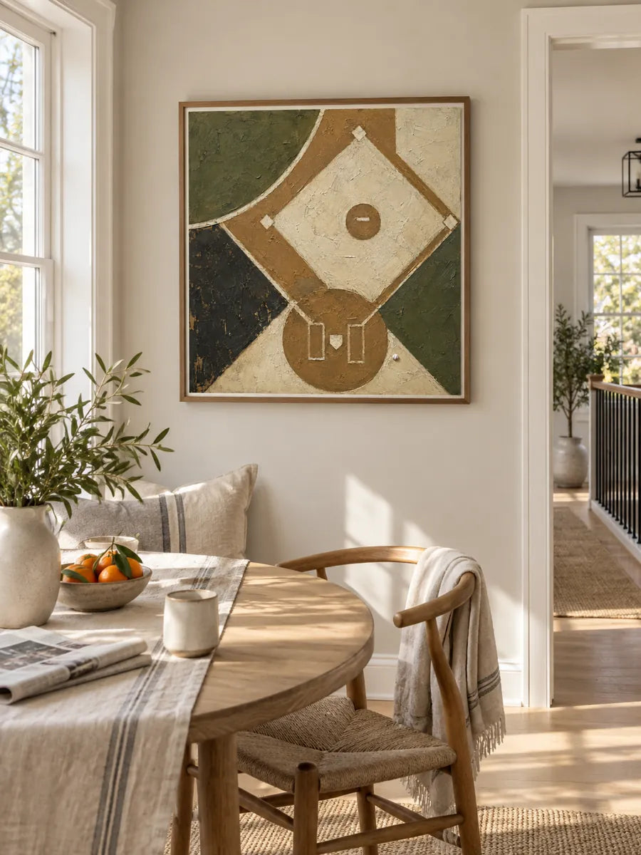 Baseball Diamond Geometric Canvas Painting Hand-Painted Wall Art In Earth Tones