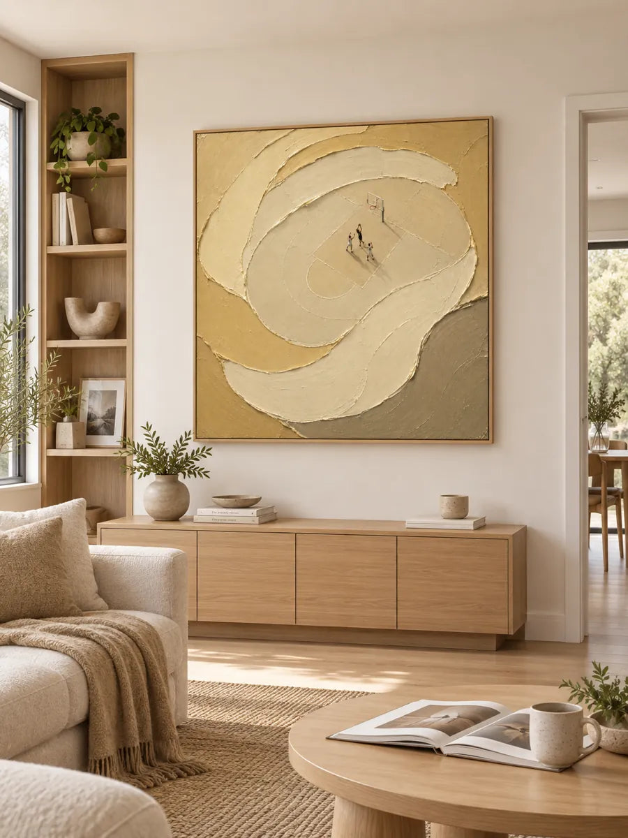 Basketball Themed Textured Canvas Painting In Beige And Gold Tones For Modern Sports Decor