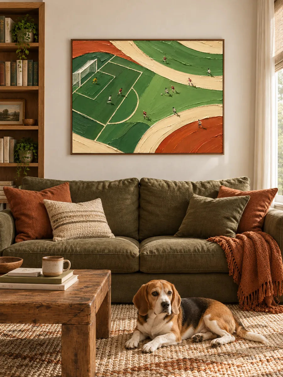 Hand-Painted Football Match Canvas Art With Green And Orange Impasto