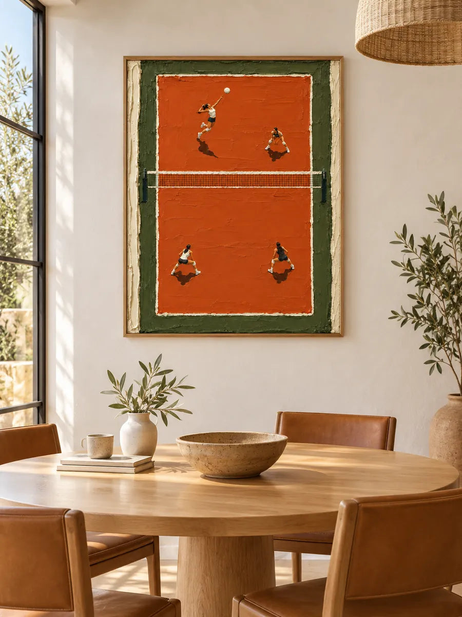 Volleyball Game Impasto Canvas Painting Orange Green Court Hand-Painted Wall Art