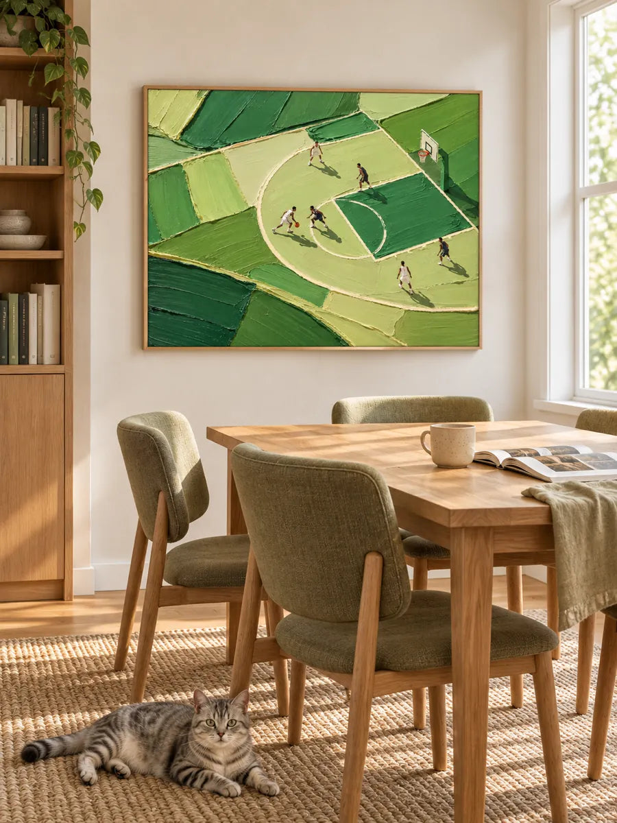 Hand-Painted Basketball Court Art With Green Impasto Texture For Sports Fans