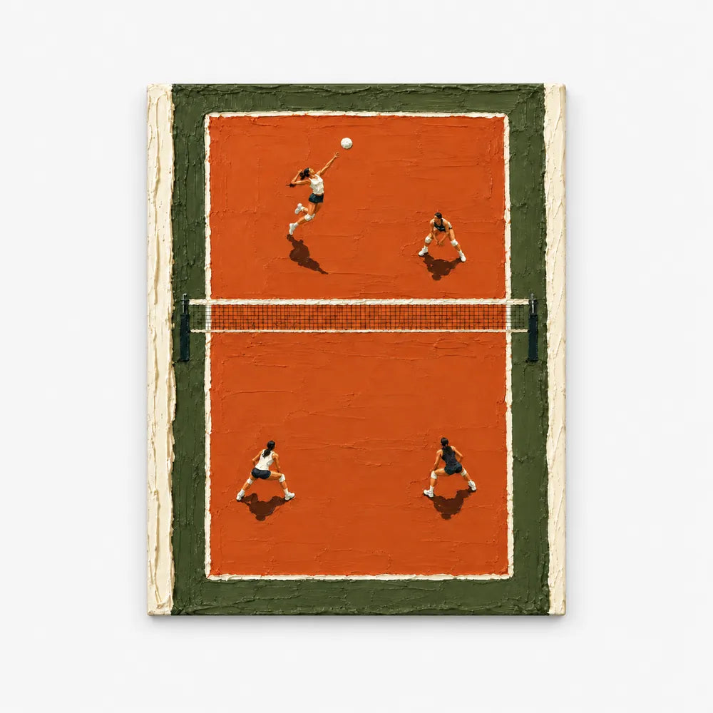 Volleyball Game Impasto Canvas Painting Orange Green Court Hand-Painted Wall Art