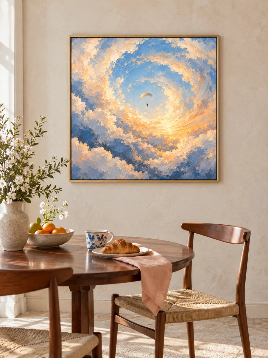 Impressionist Skydiving Canvas Painting With Swirling Blue And Gold Clouds