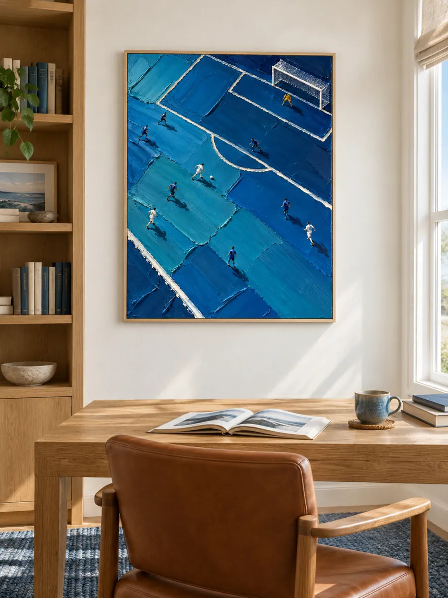 Hand-Painted Soccer Field Canvas Art With Thick Impasto Texture In Blue Tones