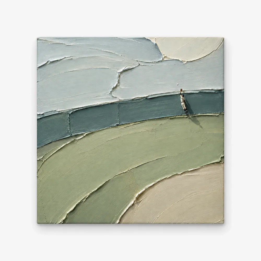 Abstract Baseball Player Painting With Heavy Impasto Texture In Green And Blue