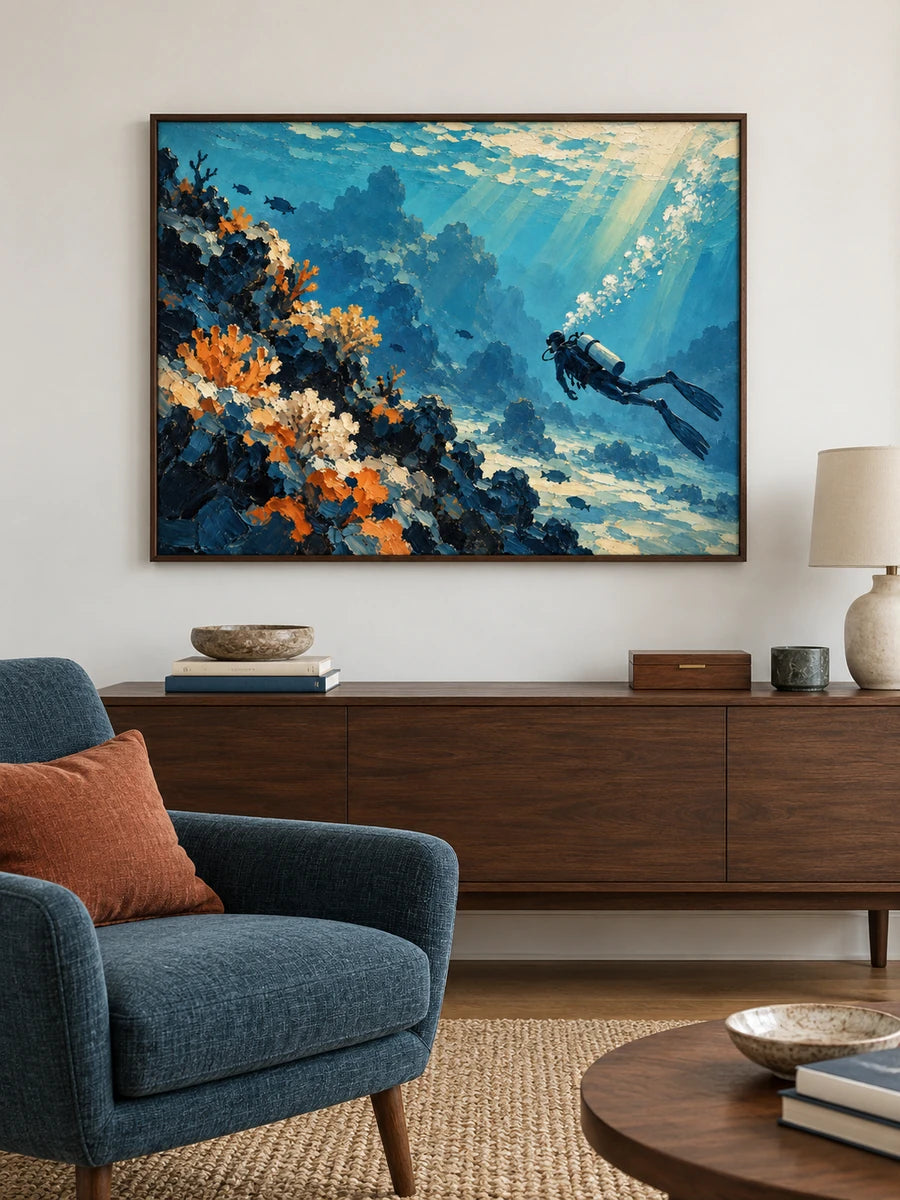 Scuba Diver And Coral Reef Impressionist Canvas Painting In Blue And Orange