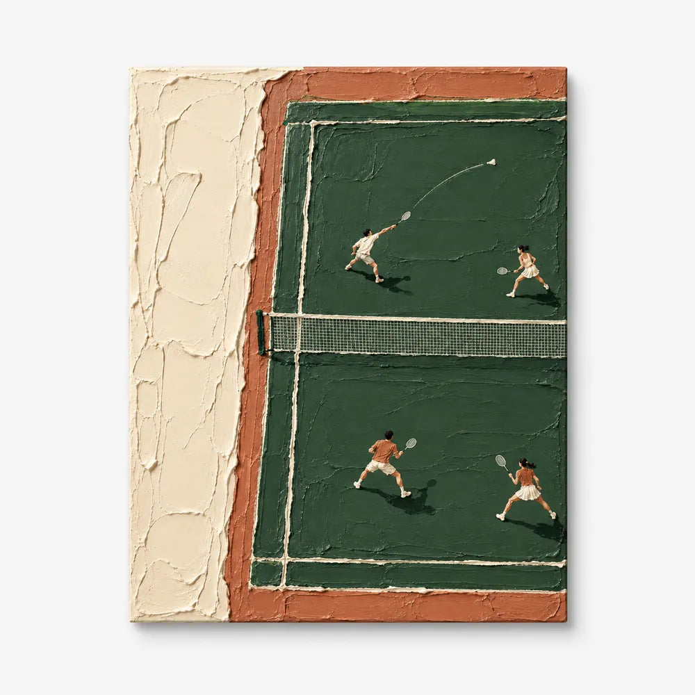Hand-Painted Badminton Court Art With Heavy Impasto Texture