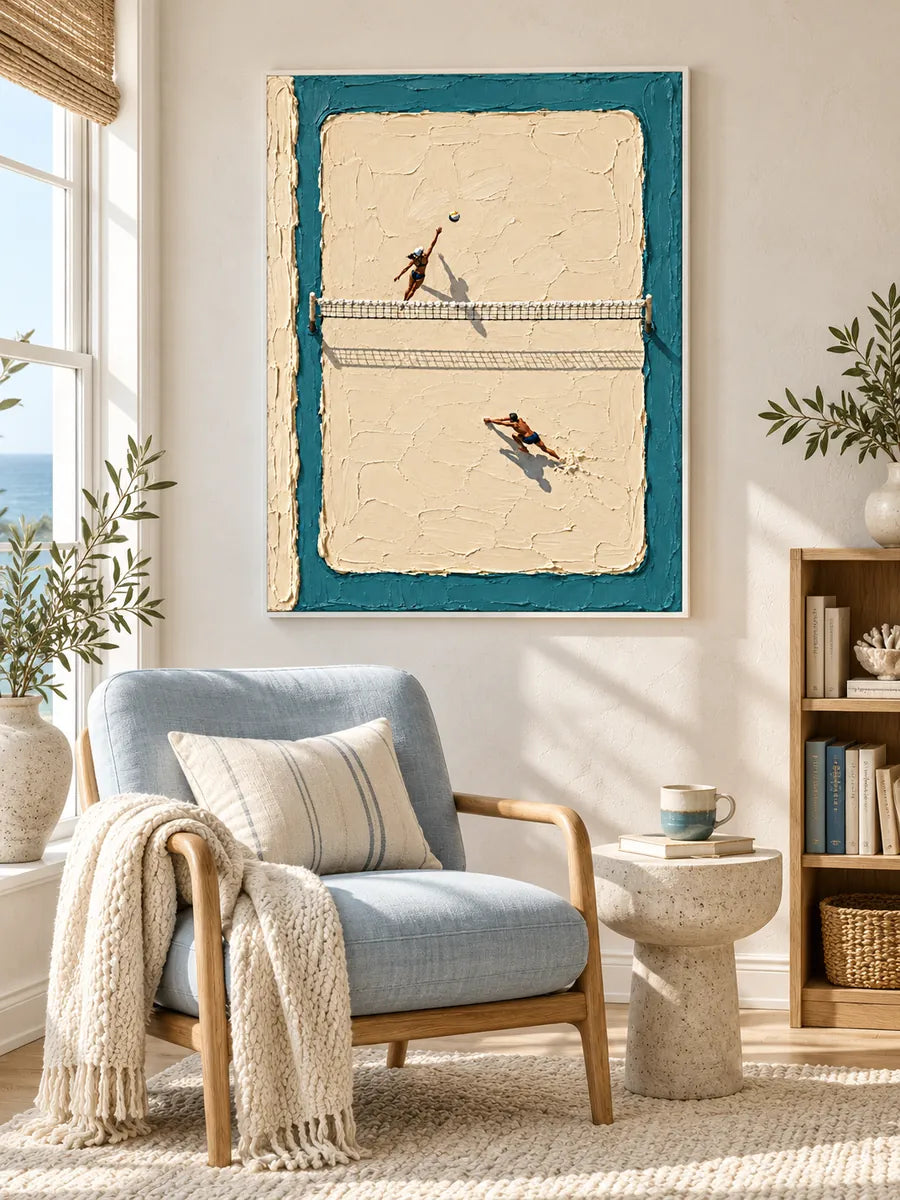 Hand-Painted Beach Volleyball Canvas Art With Thick Impasto肌理 In Blue And Beige