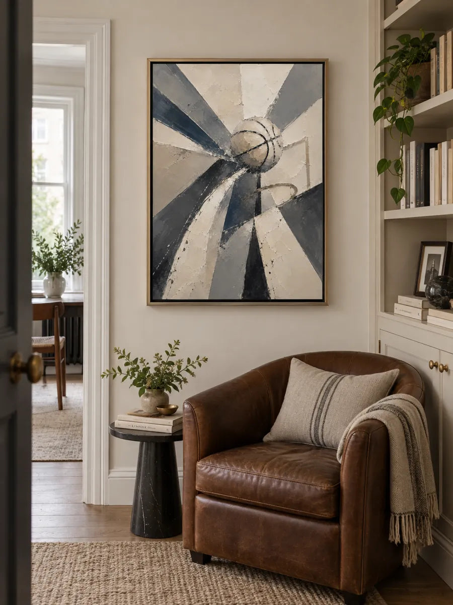 Abstract Basketball Canvas Painting With Geometric Motion In Beige And Black