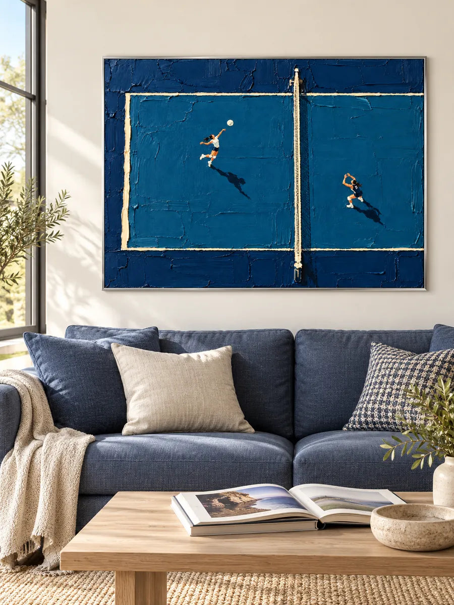 Hand-Painted Volleyball Art Impasto Blue Court Canvas Painting Original Sports Wall Decor
