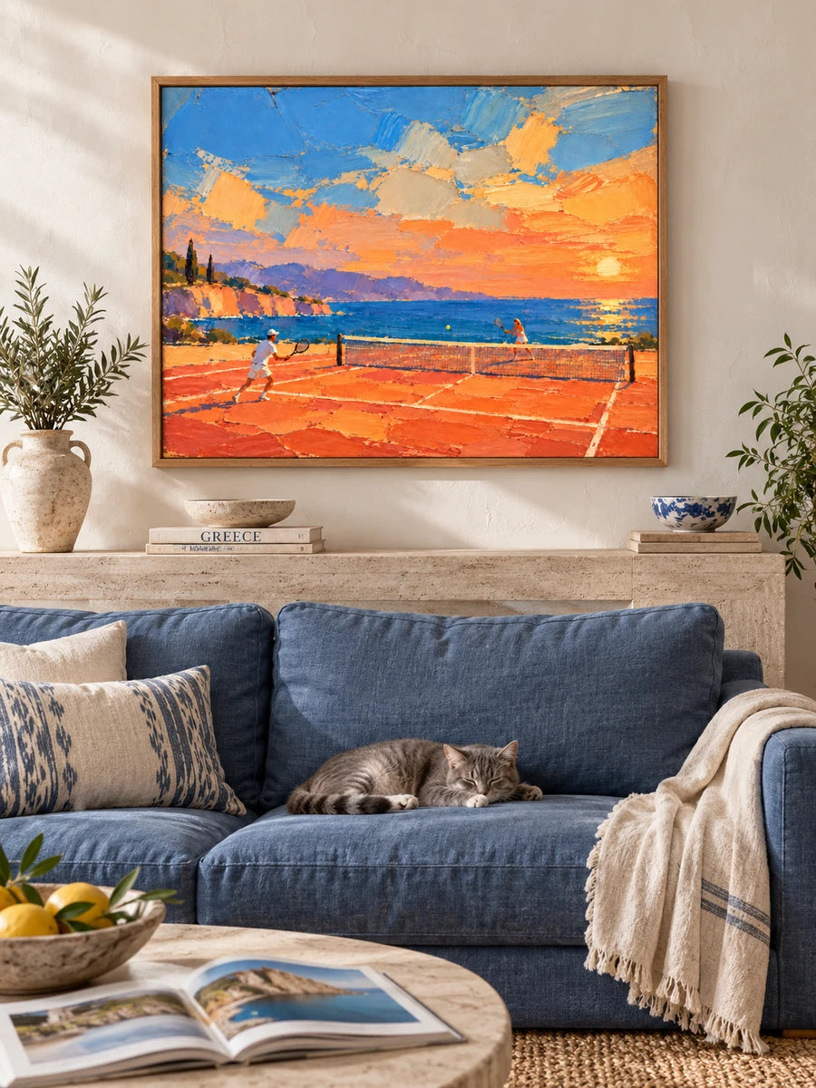 Tennis On Clay Court By The Sea Hand-Painted Canvas Art In Orange And Blue